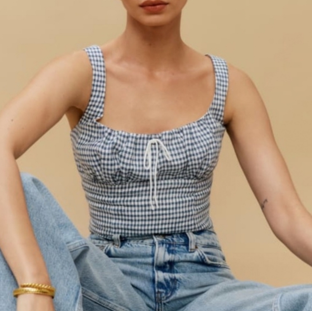 REFORMATION BALIA LINEN SLATE CHECK TOP